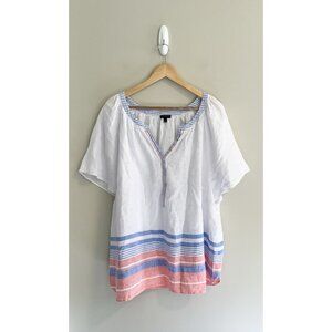 TALBOTS Women’s Plus Size 3X Split Neck Short Sleeve Linen Popover Valley Stripe